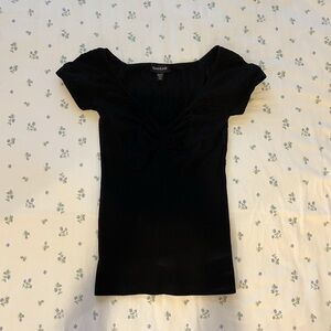 Bebe Black Fitted Ruched Cap Sleeve Blouse